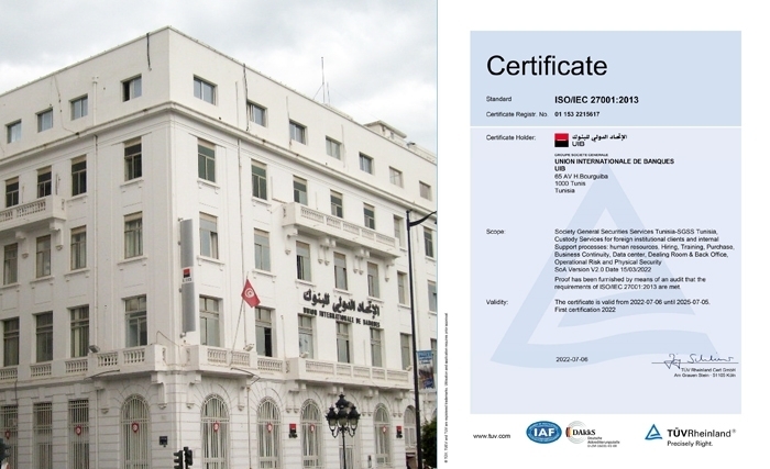 UIB certifiée ISO/IEC 27001: 2013 activité SGSS