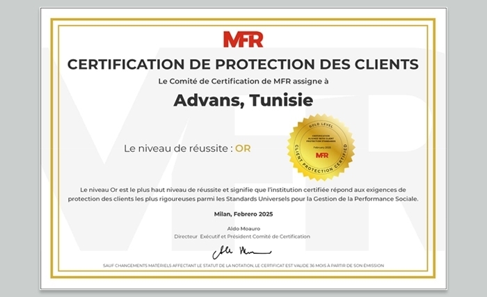 Advans Tunisie décroche la Certification de Protection des Clients (CPP) - Niveau Or !